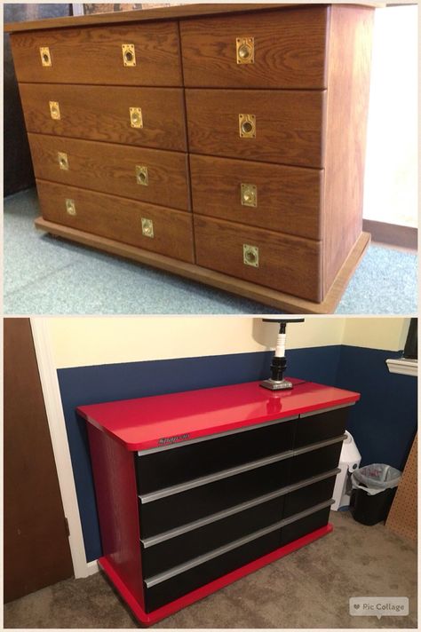 Toolbox dresser my husband made. Before and after. Diy Toolbox Ideas, Monster Truck Storage Ideas Diy, Toolbox Changing Table Nursery Ideas, Garage Theme Bedroom, Dresser Toolbox Diy, Tool Box Dresser Boy Rooms, Racing Bedroom, Tool Box Dresser, Toolbox Dresser