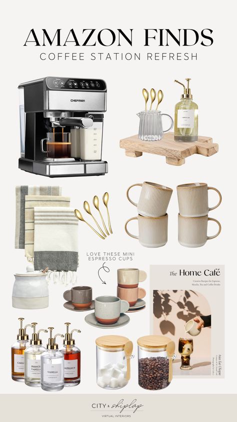 Hotel Tea And Coffee Station, Coffee Bar Must Haves Products, Nespresso Storage Ideas, Pretty Coffee Bar, Coffee Bar Accessories Decorating Ideas, Coffee Station Accessories, Aesthetic Coffee Maker, Amazon Coffee Bar Must Haves, Coffee Bar Necessities