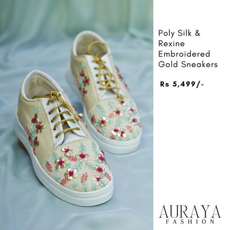 Comfort, style, and everything in between—find your perfect sneakers at Auraya Fashion. ♥️ DM to inquire or shop now at: www.aurayafashion.com #AurayaFashion #bride #bridesmaids #sneakers #shoes #footwear #wedding #aroundalways #sareesneakers (Sneakers, bridal footwear, weddings, brides, new launch) Golden Sneakers, Bridal Footwear, Embroidered Sneakers, Perfect Sneakers, Floral Sneakers, Kurta Dress, Gold Sneakers, Thread Embroidery, 2 Inch Heels