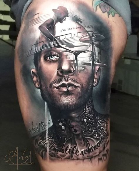 Portrait I did of one of my childhood heroes @travisbarker over at @musink_tatfest.  He was even nice enough to sign it on the bottom left which I then tattooed over. Super rad client! And an amazing experience! Beau Tattoo, Blink Tattoo, Travis Barker Tattoos, Arlo Tattoo, Arlo Dicristina, Drum Tattoo, Modern Art Tattoos, Famous Portraits, Music Tattoo Designs