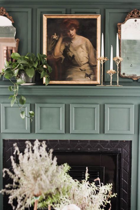 Fireplace Mantle Eclectic, Dark Green Fireplace Mantel, 20s Fireplace, Green Fireplace Mantle, Painted Mantle Ideas, Mantle Colors, Antique Mantle Fireplace, Mantle Update, Vintage Fireplace Mantle