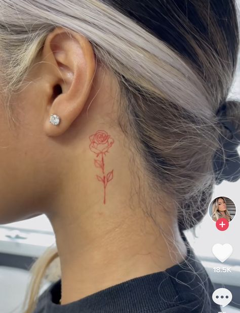 Rose Tattoo Behind Ear, Rose Neck Tattoo, Flower Neck Tattoo, Red Flower Tattoos, Behind Ear Tattoos, Red Heart Tattoos, Tattoo Behind Ear, Tato Minimal, Rose Tattoos For Women