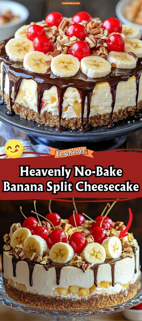 Indulge in the decadence of Heavenly No-Bake Banana Split Cheesecake, where classic banana split flavors come together in a creamy, dreamy cheesecake form. With layers of banana, strawberry, and chocolate, this dessert is a crowd-pleaser without any of the baking fuss. #NoBakeCheesecake #BananaSplit #DessertHeaven Banana No Bake Cheesecake, Heavenly No Bake Banana Split Cheesecake, Banana Split Cheesecake Recipes, No Bake Banana Split Cheesecake, Pineapple Cheesecake No Bake, Banana Cheesecake Recipe, No Bake Banana Split Cake, No Bake Banana Split Dessert, Banana Split Cheesecake