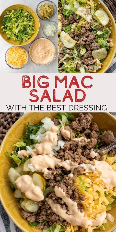 Enjoy the flavors of your favorite burger in a tasty salad! This Big Mac Salad features seasoned ground beef, crisp lettuce, cheese, dill pickles and that signature sauce! Easy Big Mac Salad, Seasoned Ground Beef, Big Mac Salad, Meal Prep Lunch, Salads For A Crowd, Mac Salad, Prep Lunch, Quick Side Dishes, Dill Pickles