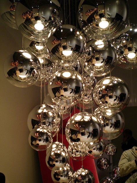 Mirror Ball Pendant by Tom Dixon    Mirror Ball Pendant by Tom Dixon, as seen in Milan 2009 Art Deco Moodboard, Christmas Mirror, Pretty Christmas Decorations, Mirror Ball, Neon Wedding, Holiday Crafts Christmas, Tom Dixon, Ball Lights, Ball Pendant