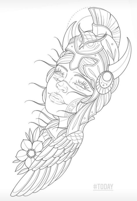 Valkyrie Tattoo Stencil, Art Sketches Tattoo, Sleeve Tattoo Stencil, Athena Tattoo, Valkyrie Tattoo, Cool Animal Tattoos, Catrina Tattoo, Dragon Tattoo Ideas, Sketches Tattoo