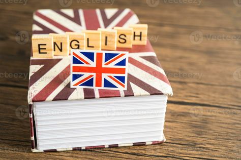 Word English on book with United Kingdom flag, learning English language courses concept. Word English, English Language Course, United Kingdom Flag, Language Courses, Learning English, Cityscape Photos, Logo Banners, Presentation Slides, Marketing Design