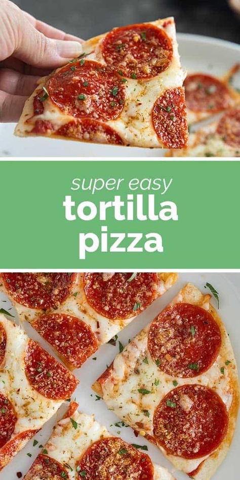 Craving pizza but don’t have a lot of time? This Tortilla Pizza is done in less than 15 minutes, and is the perfect lunch or quick dinner idea! Oven Tortilla Pizza, Easy Tortilla Pizza, Pizza Made With Tortilla, Tortilla Pizza Recipes, Chicken Tortilla Pizza, Low Carb Tortilla Pizza, Tostada Pizza, Pizza Stromboli, Tortilla Pizzas