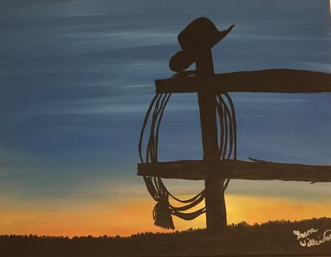 Simple Cowboy Paintings, Western Sky Painting, Cowboy Sunset Painting, Farm Silhouette Painting, Country Themed Paintings, Horse Easy Painting, Horse Sunset Painting, Easy Farm Paintings For Beginners, Easy Hunting Paintings