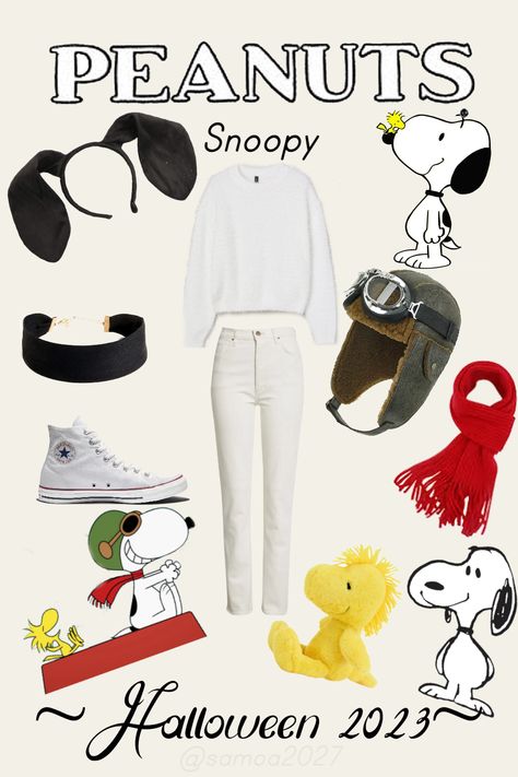 Halloween costume inspo board of the character Snoopy. Costume features a white sweater, white jeans, white shoes, red scarf, green bomber hat and goggles, black choker, black dog ear headband, and Woodstock plush toy Aviator Snoopy Costume, Diy Snoopy And Woodstock Costume, Snoopy Halloween Costume Diy, Snoopy Dog Costume, Snoopy Costume Womens, Woodstock Costume Peanuts Diy, Snoopy And Woodstock Costume, Snoopy Costume Diy, Peanuts Gang Costumes