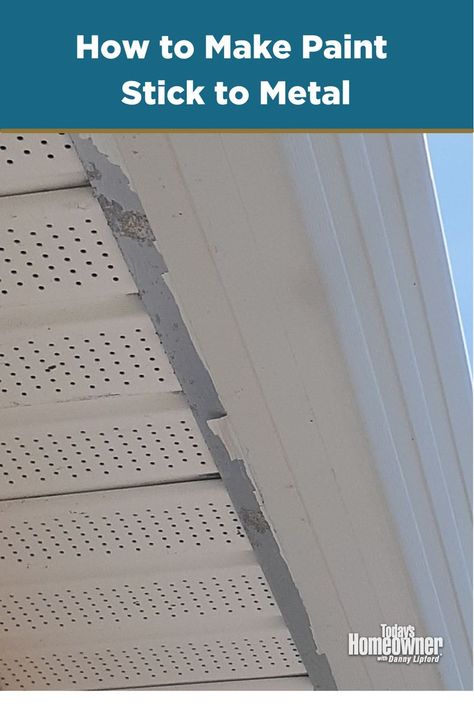 Paint peeling from a metal soffit Painting Soffits Exterior, Painting Fascia And Soffit, Painting Soffit And Fascia, Paint Soffit Exterior, How To Paint Aluminum Siding, Painting Steel Siding, Paint Metal Siding, Painting Metal Siding, Painting Metal Roof