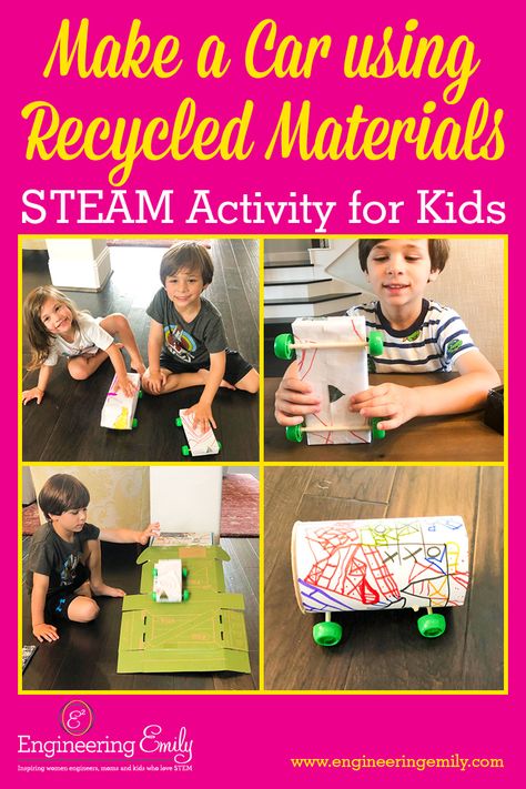 Make a Car using Recycled Materials | STEAM Activity for Kids Holiday Stem Activities, Summer Stem Activities, Stem Activities Kindergarten, Toddler Stem, Stem Activities For Kids, Kindergarten Stem, Toddler Science Experiments, Easy Stem, Stem Experiments