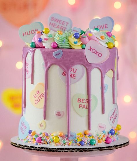 Conversation Hearts Drip Cake by Denise's Delights Sweetheart Birthday Cake, Valentines Bday Cake, Conversation Hearts Cake, Heart Valentines Cake, Candy Heart Cake, Conversation Hearts Party Decorations, Conversation Hearts Party, Valentine Cake Designs, Conversation Heart Cake