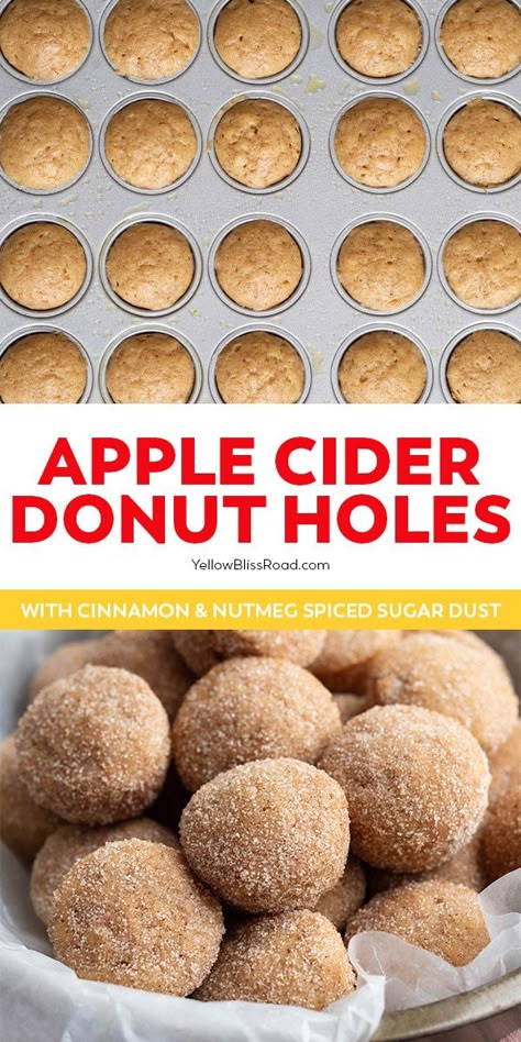 Baked Apple Cider Donut Holes What Can You Make With Apple Cider, Apple Cider Donut Bars, Apple Cider Pie Recipe, Savory Fall Baked Goods, Apple Donut Holes Recipe, Recipes With Apple Cider In Them, Apple Cinnamon Donut Recipe, Apple Cider Mini Donuts Recipe, Cider Mill Donuts Recipe