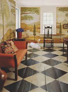 Painted floors on Pinterest | Bunny Mellon, Painted Wood Floors ... Checkered Floor, Painted Wood Floors, Checkerboard Floor, Painted Floor, Colonial Decor, White Floors, Painted Floors, A Living Room, Floor Design