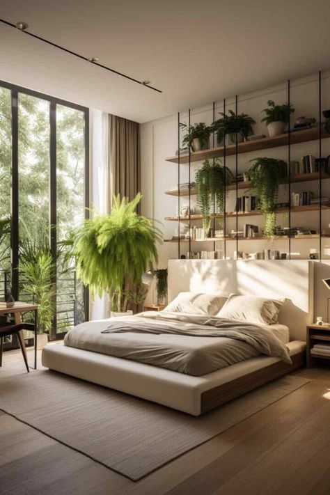 A modern bedroom that embraces both minimalist design and biophilic elements. It features a low-profile bed with taupe bedding, a wall-mounted shelf with a selection of indoor plants, and a large window that allows natural light to flood in and offers a view of greenery outside. The space is complemented by a neutral color palette and a clean, uncluttered aesthetic. Plant Room Aesthetic Bedroom Minimalist, Greenery In Bedroom, Biophilic Design Bedroom, Biophilic Bedroom, Green And White Bedroom, Taupe Bedding, Airy Bedroom, Aesthetic Interior Design, Bungalow Floor Plans