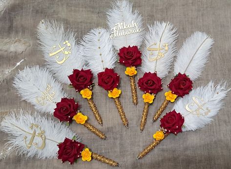 Nikah pens available shop now call or WhatsApp 8179790995 at very low price Nikah Pen Design, Nikah Pen, Haldi Ceremony Decorations, Pen Designs, Eid Images, Wedding Flower Jewelry, Muslim Wedding Invitations, Trousseau Packing, Diy Fabric Jewellery