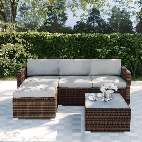 SUNBURY 5-Piece Patio Furniture Set, Outdoor Sectional Furniture w Grey Cushions, All-Weather Patio Conversation Sets Wicker Outdoor Sectional w Tempered Glass Coffee Table for Backyard Tempered Glass Coffee Table, Wicker Outdoor Sectional, Outdoor Sectional Furniture, Outdoor Furniture Set, Wicker Sectional, Patio Conversation Sets, Sectional Furniture, Wicker Patio Furniture, Glass Top Coffee Table