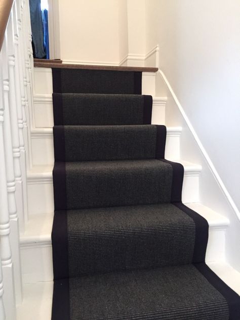 Black Sisal with Black Binding Installed to Stairs Grey Stairs, Grey Carpet Living Room, Stairs Black, Stairs Hallway, Stairs Carpet, Black Borders, Black Stairs, Goth Stuff, Stair Carpet