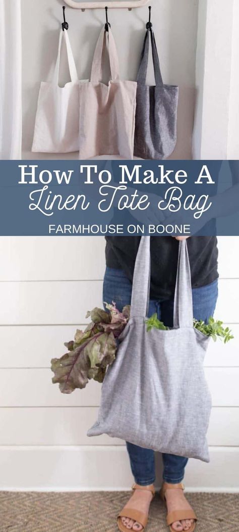 Learn how to make a beautiful DIY tote bag, perfect for shopping the farmers' market or grocery store. Made out of linen, these bags offer a beautiful look and high-quality feel. They are a great project for the beginning sewer, and with this tutorial, you'll be adding the finishing touches to your fourth bag in no time at all. #farmhouseonboone #diytotebag #diybag #sewing #bagtutorial Market Bag Sewing Pattern Free, Handmade Shopping Bags, Diy Farmers Market Bag, Farmers Market Sewing Ideas, Diy Market Bag, Market Bags To Sew, Simple Sewing Gifts Ideas, Homestead Sewing Projects, Things To Sell At Farmers Market