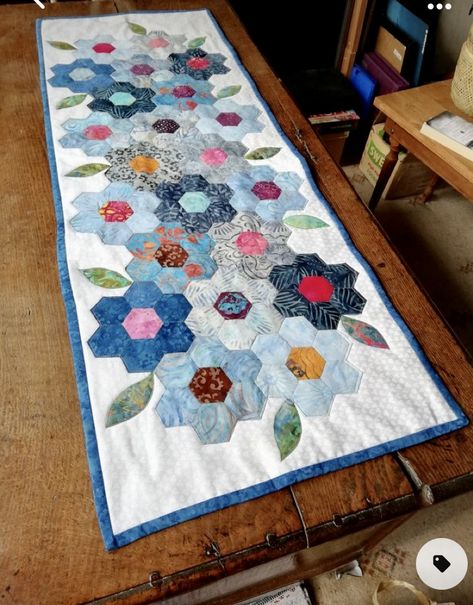 Epp Table Topper, Hexi Table Runner, Epp Table Runner, English Paper Piecing Table Runner, Quilting Table Runners, Hexies Projects English Paper Piecing, Hexies Projects, Hexagon Table Runner, Hexie Projects