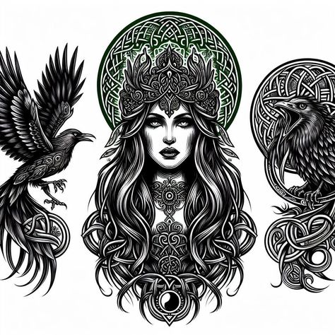 Morrigan Tattoo Ideas, The Morrigan Goddess Tattoo, Morrigan Tattoo Celtic Mythology, Celtic Goddess Tattoo, The Morrigan Tattoo, Morrigan Tattoo, Goddess Tattoos, Goddess Morrigan, Arm Tattoos Drawing