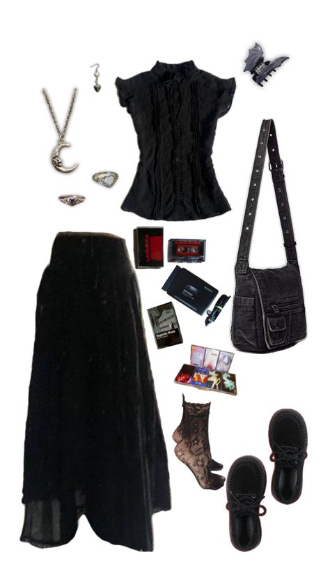 cute goth whimsigoth alternative outfit with long black skirt and ruffled cropped blouse Outfit With Long Black Skirt, Ruffled Skirt Outfit, Black Long Skirt Outfit, Long Skirt Outfit, Long Black Skirt, Black Skirt Outfits, Long Skirt Outfits, Cute Goth, Cropped Blouse