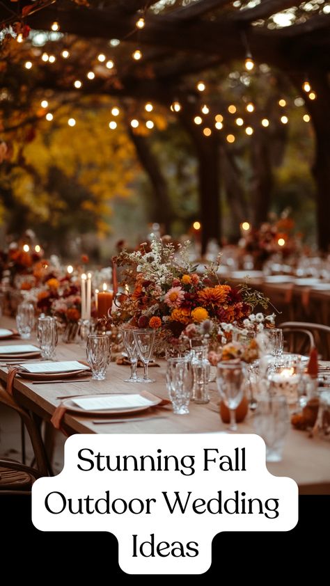 Autumn outdoor wedding setup with warm colors, cozy decor, and beautiful fall flowers. Fall Wedding In Woods, Fall Wedding Simple Decor, Autumn Woods Wedding, Fall Garden Wedding Ideas, Late Summer Garden Wedding, Fall Outdoor Wedding Reception, Fall Garden Party Ideas, Fall Vintage Wedding Ideas, Fall Color Wedding Scheme