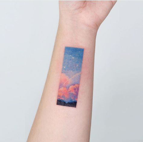 by @eunyutattoo on Instagram Pastel Tattoo, Sky Tattoo, Square Tattoo, Sky Tattoos, Glyph Tattoo, Literary Tattoos, Triangle Tattoos, Paw Tattoo, Landscape Tattoo