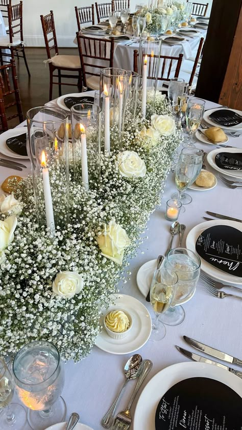 Baby’s Breath Table Runner, Baby Breath Table Decor, Baby Breath Wedding Decor, Rectangle Table Centerpieces Wedding, Baby Breath Centerpiece, Outdoor Wedding Candles, Floral Candle Centerpieces, Wedding Table Centerpieces Elegant, Flameless Candles Wedding