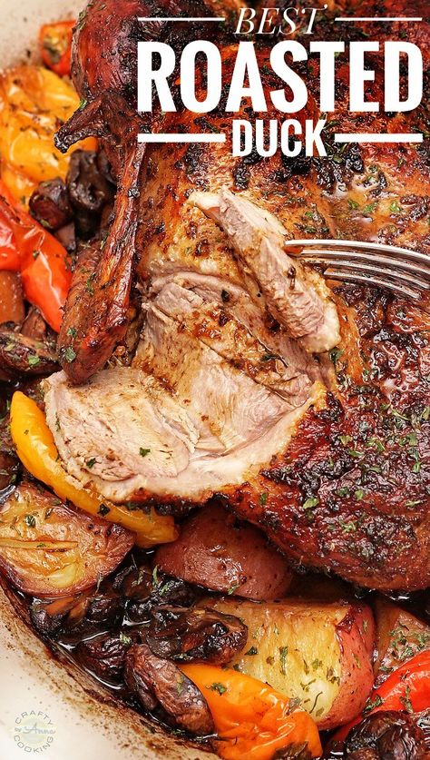 Roasted Duck in Wine with Potatoes, Peppers, and Mushrooms! Amazingly Delicious and Beautifully served dish for any special occasion! #duck #duckrecipes #roastduck #roastedduck #easyrecipes #easymeals #craftycookingbyanna Italian Duck Recipes, Peaking Duck Recipes, Roast Duck Leg Recipes, Easy Roast Duck Recipes, Whole Duck Recipes Dutch Oven, Full Duck Recipe, Cajun Duck Recipes, Duck Thanksgiving Recipe, Southern Duck Recipes