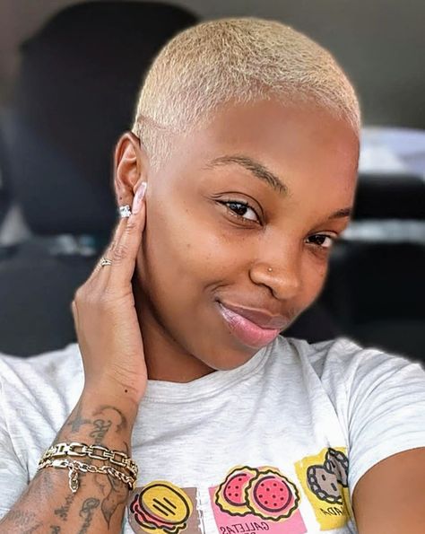 Black Women Short Haircut Fade 4c, Shaved Blonde Hair Black Women, Buzzcut On Black Women, Short 4c Blonde Hair, Short Blonde Fade Black Women, Platinum Blonde Fade Black Women, Short Fades For Black Women, Bald Baddie Black Women, Black Short Natural Haircut