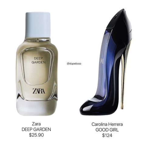 @dupeboss on Instagram: “@zara DEEP GARDEN ($25.90, for 3.4oz) @carolinaherrera GOOD GIRL ($124, for 2.7oz) // about // Get the cult favorite scent without having…” Zara Deep Garden, Top Zara Perfume For Women, Zara Deep Garden Perfume, Long Lasting Zara Perfumes, Zara Perfume Duplicates, Zara Golden Decade Perfume, Perfume Hacks, Makeup Nails Designs, Perfume Display