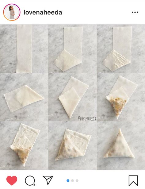 How to fold a samosa, by @lovenaheeda on IG How To Fold A Samosa, Samosa With Puff Pastry, How To Cook Samosa, Samosa With Spring Roll Sheets, How To Make Samosa Sheets, How To Fold, Samosa, Snacks