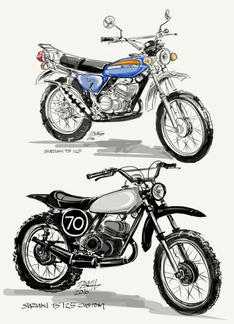 Sketch of my favourite motorbike in the 1970's. Suzuki TS125. Top view, when I first got it. Bottom, after it was customized. Freehand sketch. Maruti Suzuki 800, Suzuki Ts125, Vintage Trail, Freehand Sketch, Motor Custom, Yamaha Dt, Tracker Motorcycle, Schematic Drawing, Concept Motorcycles