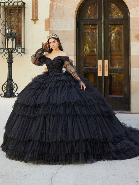 Black Quinceañera Dresses Marie Sleeve, Ruffle Ball Gown, Black Quinceanera, Black Quinceanera Dresses, Quinceanera Collection, Basque Waist, Debutante Ball, Quince Dress, Tulle Sleeves