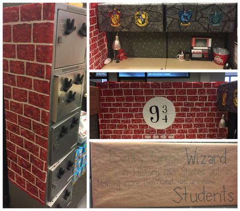 Spring 2017 Semester Buckeye Ambassador Cubicle Theme - Harry Potter Harry Potter Christmas Cubicle, Cubicle Theme Ideas, Harry Potter Cubicle, Harry Potter Cubicle Decorations, Office Decorations Christmas, Harry Potter Office Decor, Professor Slughorn, Prince Room, Halloween Ceiling