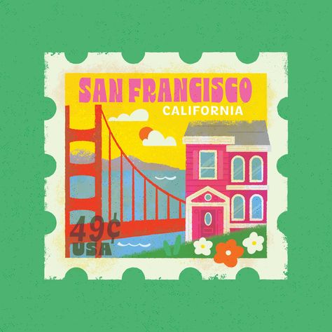 San Francisco Design, Travel Stamp, Postcard Stamps, Mid Century Illustration, San Francisco Art, Pop Art Design, Vintage Poster Art, Card Illustration, Stamp Design