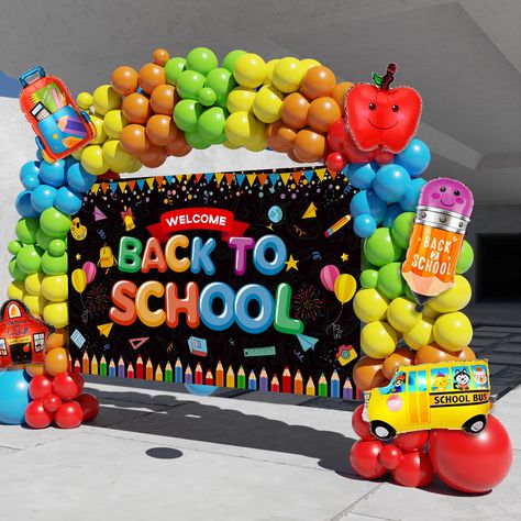 PRICES MAY VARY. 【PACKAGE INCLUDED】151PCS - Welcome back to school large backdrop(71x43.3in), Red balloon(18"×1,10"×18,5"×10),Blue Balloon(18"×1,10"×18,5"×10), Yellow/Fruit green/Orange balloon (10"×18,5"×10), foil balloon x 5, 16ft long balloon strip x 1, 100pcs balloon dot glue x 1, Instructions x1. 【HIGH-QUALITY】 Our back to school decorations balloon garland are made of high quality material - natural latex, weight up to 3g, which is safe and durable. All materials are non-toxic, no peculiar Welcome Back Balloons, School Balloon Garland, Back To School Balloon Garland, Back To School Backdrop, Back To School Decorations, School Backdrop, First Day Of School Kindergarten, Kindergarten Party, Outfits For Teens For School