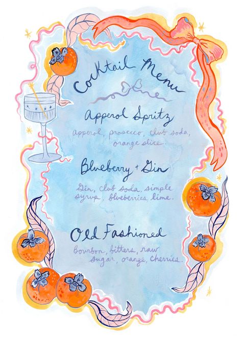 Custom cocktail menu inspired by a delicious, playful, garden party featuring vibrant hues, persimmons, ribbons, candlelight and cocktails. Cocktail Menu Aesthetic, Event Stationary Design, Fun Wedding Stationery, Menu Drawing, Cocktail Recipe Card, Garden Dinner Party, Playful Garden, Cocktail Garden Party, Watercolor Menu