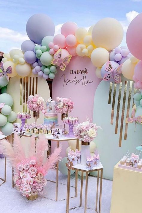 spring baby shower ideas 5 Baby Girl Theme Birthday Party, My Fairy First Birthday Backdrop, Baby Bday Decoration Ideas, Butterfly Birthday Party Decorations Backdrop, 1st Birthday Celebration Ideas, Birthday Events Ideas Decoration, Pastel Themed Birthday Party, 1 St Birthday Decoration Ideas, 1 Birthday Decoration