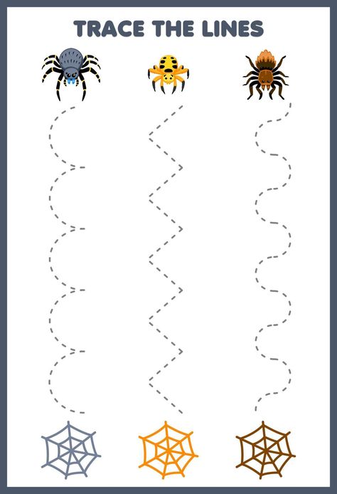 Education game for children handwriting practice trace the lines with cute cartoon spider and web picture printable bug worksheet Spider Preschool Activities, Preschool Food Crafts, Spider Theme Preschool, Spider Crafts Preschool, Stellaluna Crafts, Spider Math Activities, Daycare Job, Spider Lessons, Bug Printable