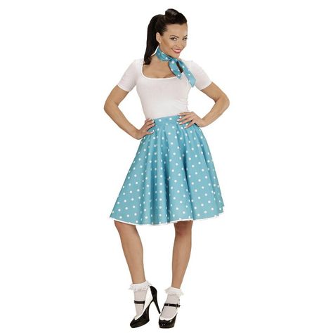 ♔⊱ᏠᏋᎦᎦιᏨᏘ⊰♔ Disfraz Rock And Roll, Rock And Roll Costume, Grease Outfits, Blue Polka Dot Skirt, Turquoise Scarf, Roll Dress, Polka Dot Skirt, Dot Skirt, Blue Polka Dots