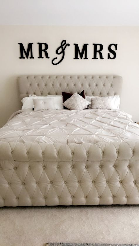 Mr & Mrs sign over bed Mr & Mrs Bedroom Decor Ideas, Mr Mrs Bedroom, Mr And Mrs Bedroom, Sign Over Bed, Mr Mrs Sign, Spring Bedroom, Box Springs, Mattress Box Springs, Bedroom Decor Ideas