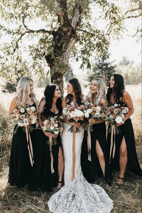 Black Rustic Fall Wedding, Rustic Country Wedding Bridesmaids Dresses, Rustic Western Wedding Bridesmaid Dresses, Western Wedding With Black Bridesmaid Dresses, Country Western Wedding Dresses Bridesmaid, All Black Boho Wedding, Boho Black Wedding Decor, Black And Khaki Wedding, Western Black Bridesmaid Dresses