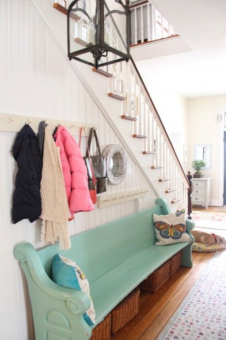 Love the pegboards & baskets underneath the pew for storage | myoldcountryhouse.com Old Country House, Country House Exterior, Pew Bench, Church Pews, Old Country Houses, Hand Style, Window Seats, Entry Ways, Church Pew