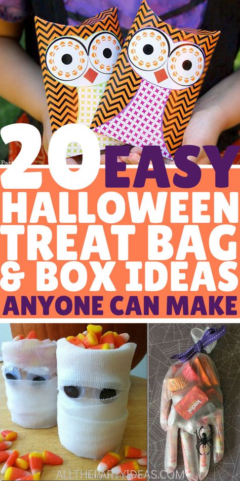 Fun, best budget HALLOWEEN TREAT BAGS and BOXES for toddlers, kids, teens, and adults. Simple DIY tutorials for cute handmade and creative homemade packaging for easy party favors and goodies. Free printables, tags, labels, toppers or really cheap dollar tree store craft supplies. Great for school classroom, like preschoolers and kindergarten, work office coworkers, college friends, church, or teachers. Ideas for what to put in like snacks, desserts, healthy no candy and unique non food gifts. Easy Halloween Treat Bags, Diy Halloween Goodie Bags, Halloween Treat Bag Ideas, Halloween Bags Diy, Treat Bag Ideas, Halloween Classroom Treats, Creative Halloween Treats, Halloween Candy Crafts, Halloween Treat Bags Diy