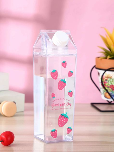 Strawberry Print Water Bottle | SHEIN USA Printed Water Bottles, Milk Box, Cute Water Bottles, Milk Carton, Water Pitchers, Strawberry Print, Travel Bottles, Flamingo Print, Cute Cups