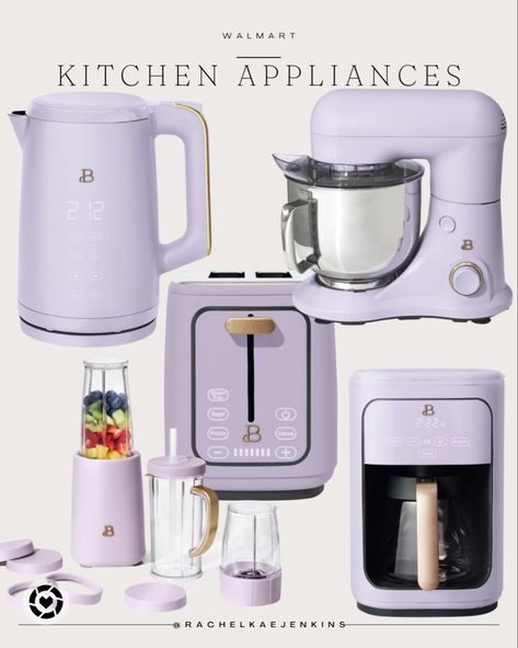 Walmart kitchen appliances, purple, electric kettle, toaster, mixer, personal blender, coffee maker Purple Aesthetic Kitchen, Purple Kitchen Supplies, Lilac Kitchen Accessories, Lilac Kitchen Ideas, Purple Kitchen Decor Ideas, Lilac Kitchen Decor, Lavender Kitchen Accessories, Pastel Kitchen Appliances, Lavender Appliances