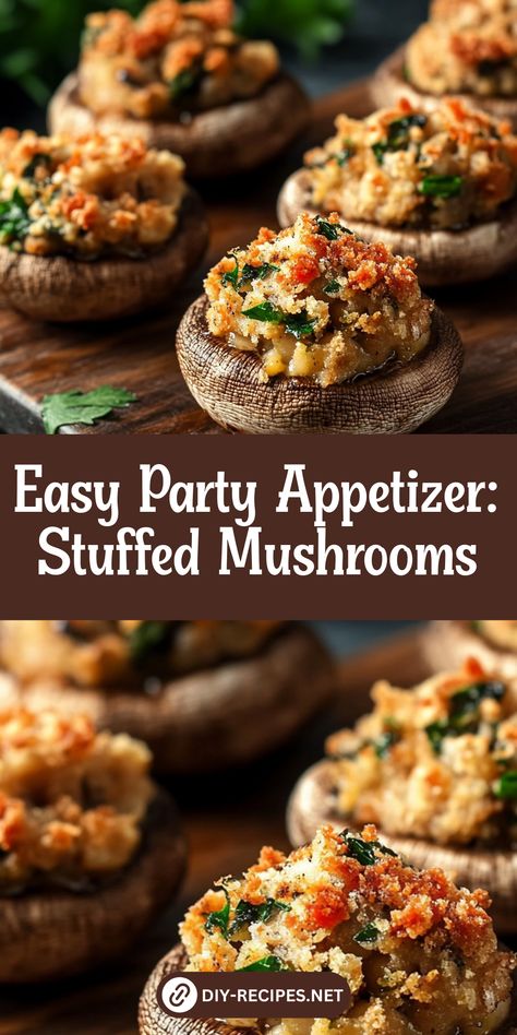 Need an easy party appetizer? These stuffed mushrooms are simple to make and packed with flavor from garlic, cheese, and pine nuts. Stuffed Button Mushrooms, Stuffed Mushroom Appetizers Easy, Stuffed Mushroom Recipes, Easy Stuffed Mushrooms, Baked Stuffed Mushrooms, Mushroom Appetizer, Easy Stuffed Mushroom Recipe, Thanksgiving Vibes, Stuffed Mushrooms Easy